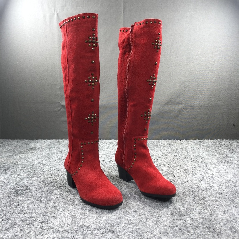 Array Riding Boots Womens 7.5 M Red Leather Studded Knee High Zip Block Heel